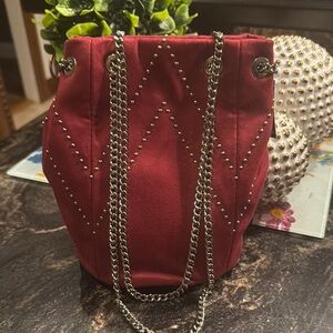 Express Red Studded Chain Bucket Bag